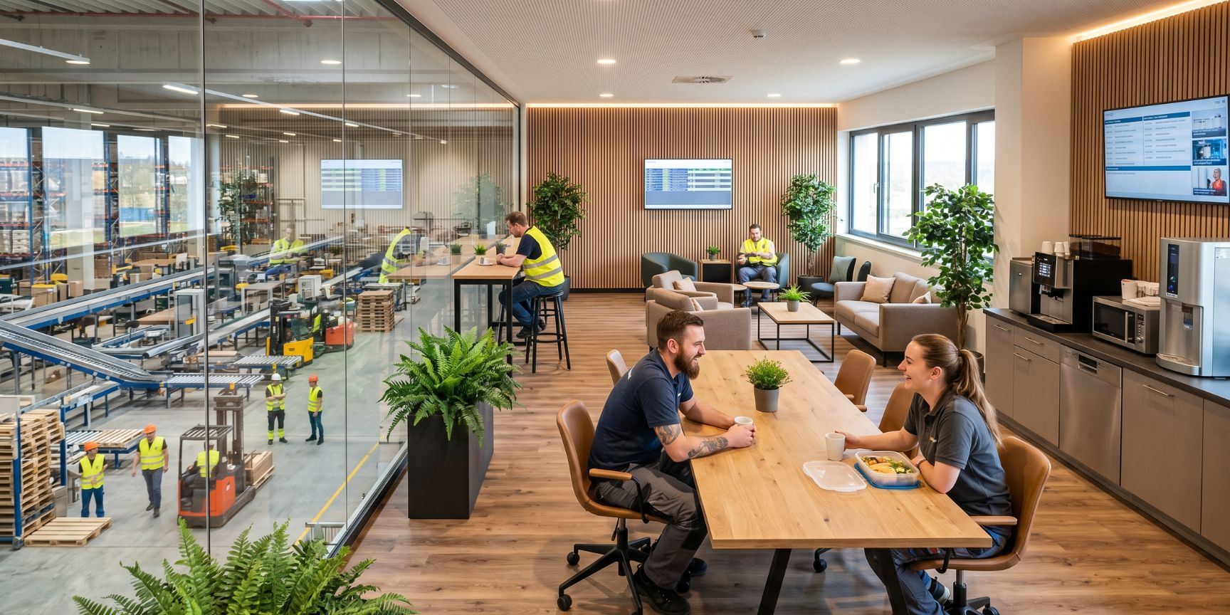 Bright break room in logistics hall with glass wall, view of warehouse operations, wood décor, kitchenette and relaxed staff.